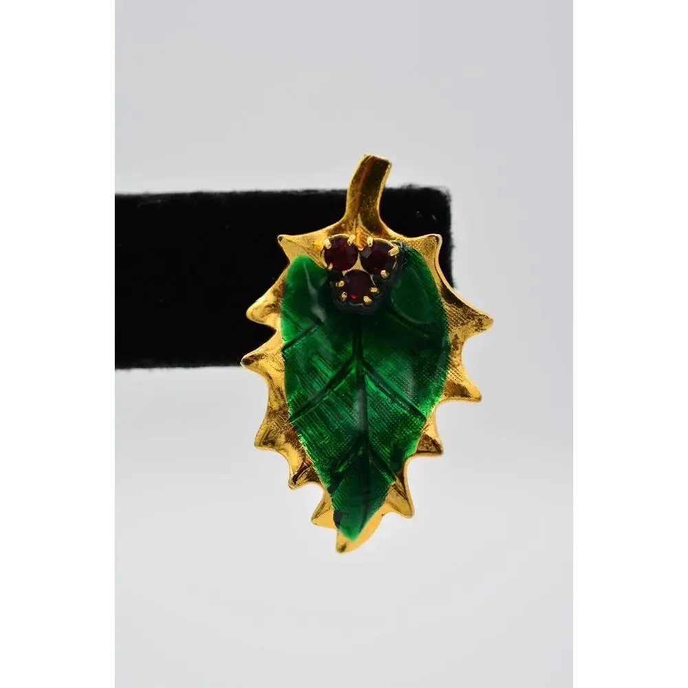 Vintage Christmas Clip On Earrings Holly Berry Green Enamel Gold Red 1980s BinAA